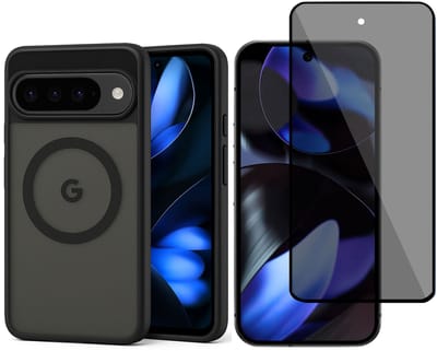 Hoesje + Privacy Screenprotector geschikt voor Google Pixel 10 / 10 Pro / 9 / 9 Pro Hoesje - Shock Proof Case geschikt voor Magsafe - Magnetisch - Gehard Glas- Privé - Zwart