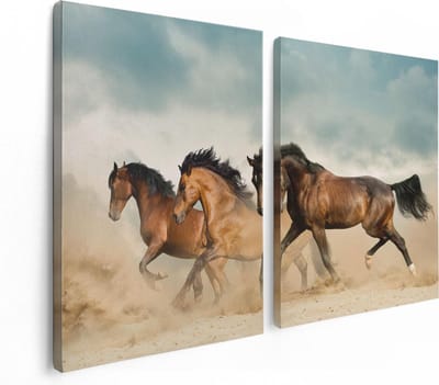 Artaza Canvas Schilderij Tweeluik Drie Bruine Paarden - 120x80 - Foto Op Canvas - Canvas Print