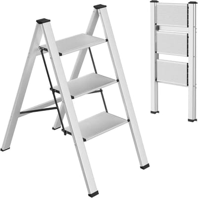 VIEMAE Huishoudtrap - Opstapje - Trap - 3 treden - Aluminium - Lichtgewicht - Opvouwbaar - Max belasting 150kg - Anti-slip