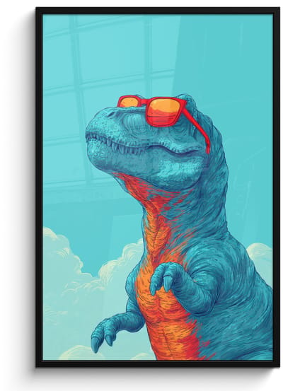 Poster in lijst - Fotolijst 80x120 cm - Posters - T-Rex - Blauw - Wolken - Zonnebril - Posterlijst zwart - Decoratie - Wanddecoratie woonkamer - Muurdecoratie slaapkamer