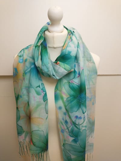 Lange dames sjaal Kathy-gebloemd motief-groen wit roze geel oranje blauw paars zwart bruin