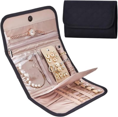 Elegante Polyester Opbergrol Voor Reis Sieraden Oorbellen Kettingen Armbanden Meerlaagse Compacte Draagbare Etui Reisaccessoires Organizer