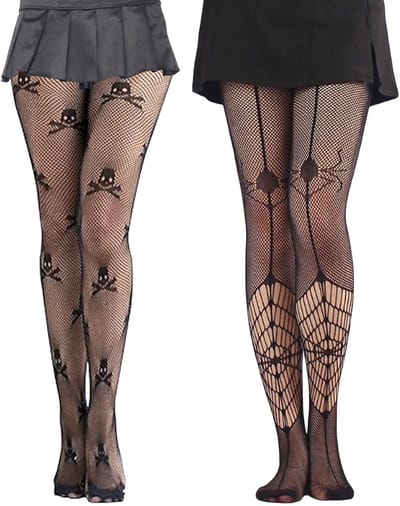 Allecto - Netpanty zwart - Halloween-kostuumaccessoires - 3 paar - Doodshoofd panty - Spinnenweb panty - Skelet panty - Geschikt voor dames - Zwart