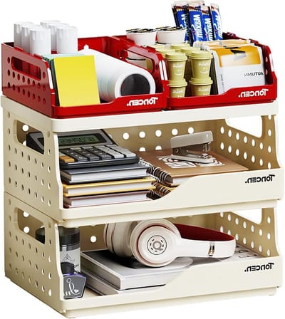 Drie-laags papieren opbergtray, bureau-organizer, opvouwbare opslagdoos voor kantoorbenodigdheden, cosmetica en snacks in rood en wit
