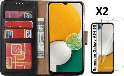 Hoesje Geschikt Voor Samsung Galaxy A34 5G hoesje bookcase Zwart - bookcase portemonnee Hoesje met screenprotector / 2X Beschermglas