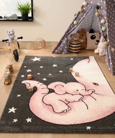 Kindervloerkleed olifant - Adventures grijs/roze 80x150