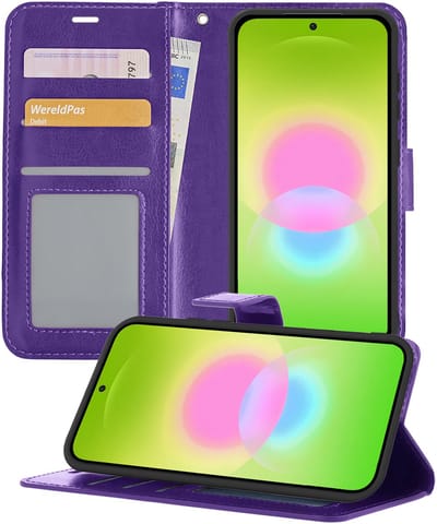 Hoesje - Met Pasjeshouder - Geschikt voor Samsung Galaxy A27 - Luxe Bookcase Portemonee - Flip Case - Kunstleer Book Case - Flipcase - Book Cover - Walletcase - Portemonneehoes - Telefoonhoesjes - Paars