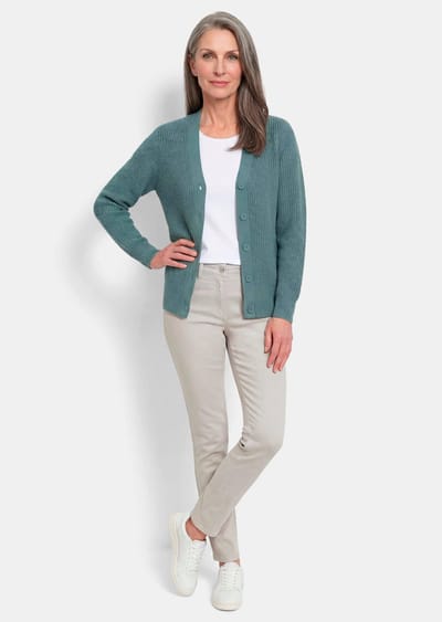 Onderhoudsarm tricot jasje met hoogwaardige ribstructuur - grijsgroen - Gr. 19 van Goldner Fashion
