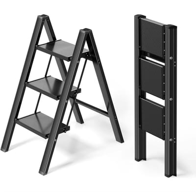 Aluminium Trapladder - 3-treden - Keukentrap - Huishoudtrap - Voor Huishoudelijk Gebruik - Veilig & Lichtgewicht Opstapje - Met Brede Stappen & Vouwbaar Design