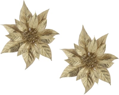 Cosy & Trendy Decoratie bloem - 2x stuks - kerstster - op clip - goud - glitter -18 cm - kunststof - kerstversiering