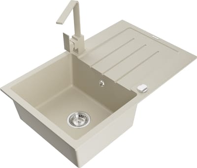 Mexen Bruno granieten spoelbak 1-komor met afdruiprek en keukenmengkraan Rita, beige - 6513-69-670300-69