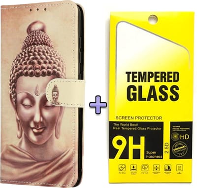 HB Hoesje Geschikt voor Samsung Galaxy S21 FE met Print - Portemonnee Book Case - Kaarthouder & Magneetlipje - Buddha Goud & Glazen Screenprotector