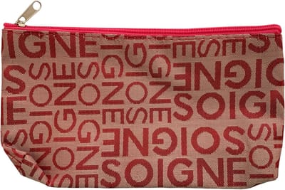 Klein Make-up tasje / toilettasje / organizer / etui - Beige Bordeaux Roze iriserend - mat met glanzende woorden SOIGNE - met rits - waterafstotend - afmeting 18,5 x 10,5 x 2 cm