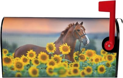 Brievenbushoes - Decoratie wrap - Tuindecoratie - Magnetische bevestiging - 51 x 45 cm - Paard zonnebloemen