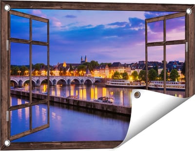Gards Tuinposter Doorkijk Maastricht Maas Rivier bij de Sint Servaasbrug - 60x40 cm - Tuindoek - Tuindecoratie - Wanddecoratie buiten - Tuinschilderij