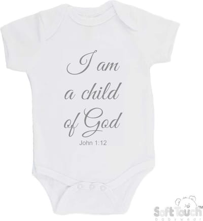 100% katoenen Romper "I am a child of God John 1:12" Unisex Katoen Wit/grijs Maat 62/68