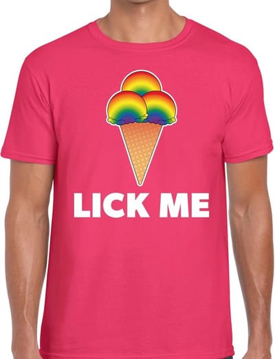 Lick me gay pride t-shirt - roze shirt met tekst en regenboog ijsbolletjes voor heren - Gay pride S