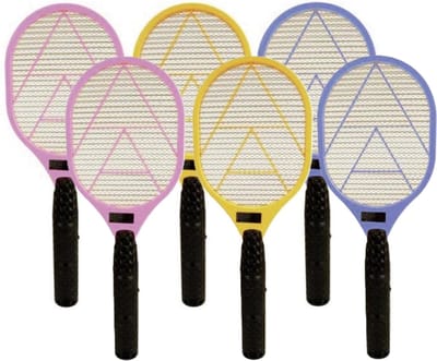Vliegenmepper elektrisch - 2x - op batterijen - mix kleuren - kunststof - 40 cm - Insecten/Muggen mepper
