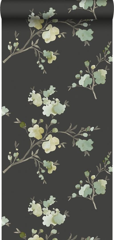 ESTAhome behang kersenbloesems groen, okergeel en zwart - 53 cm x 10.05 m - 148719