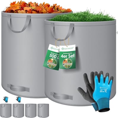 Tuinzak 500L - 4 handgrepen - waterafstotend - UV-bestendig - zelfstandend - inclusief handschoenen