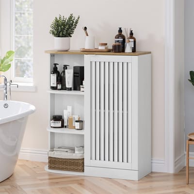 Hoekkast - 68 x 25 x 76 cm wit/eikenlook - Open planken en kast met roosterdeuren en verstelbare planken - Kantelbeveiliging - Waterdicht MDF - Geschikt voor badkamer, keuken, woonkamer en bijkeuken