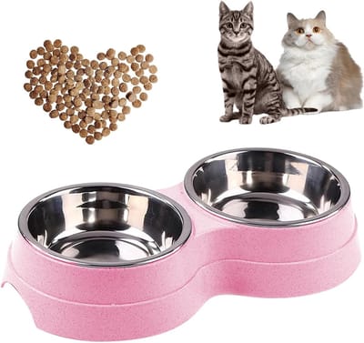 Dubbele Kattenvoerbak - Roestvrijstalen Bak met Gemakkelijk Schoon te Maken & Afneembaar Ontwerp - Antislipbodem voor Kittens & Medium-Grote Katten - Roze