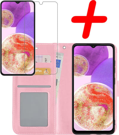 Hoesje Met Screenprotector - Geschikt voor Samsung Galaxy A23 - Luxe Pasjeshouder - Bookcase Portemonee - Flip Case - Kunstleer Book Case - Flipcase - Book Cover - Walletcase - Portemonneehoes - Lichtroze