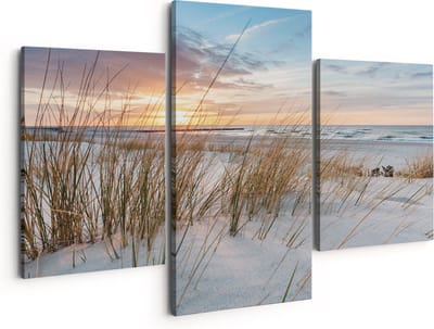 Artaza Canvas Schilderij Drieluik Strand en Zee vanuit Duinen - 150x120 cm - Groot - Wanddecoratie Woonkamer - Schilderijen - Muurdecoratie