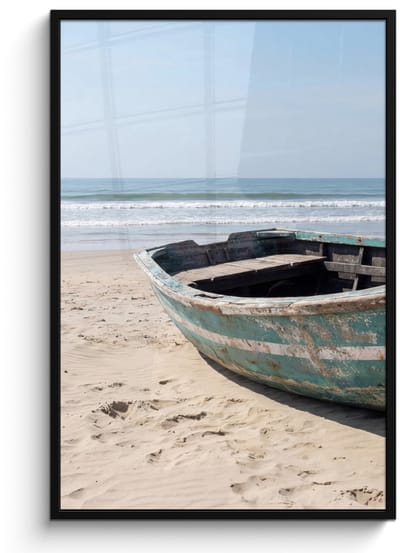 Poster in lijst - Fotolijst 80x120 cm - Posters - Boot - Zandstrand - Zee - Posterlijst zwart - Decoratie - Wanddecoratie woonkamer - Muurdecoratie slaapkamer