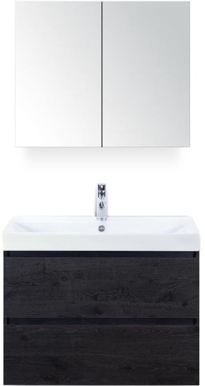 Maxx XL Badmeubelset 80 cm - Black Oak - Wastafel Just 1 Kraangat met Spiegelkast