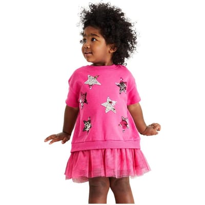 Meisjes Herfst Nieuw Katoen Geborduurd Cartoon Pailletten Geborduurd Mesh Jurk 130CM pink