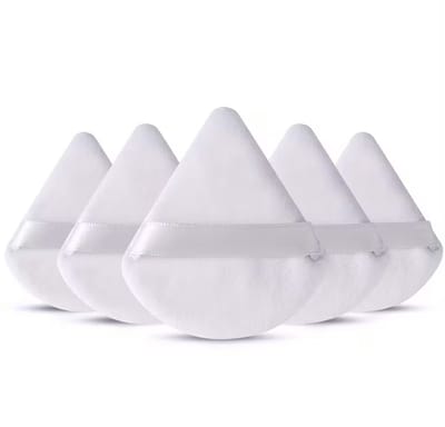 5 stuks poederdons voor gezichtspoeder, driehoekige make-updons, katoenen velours driehoekige gezichtsdonsjes voor fixatie, contouren, onder de ogen en hoeken, 2,76 inch normale maat, met band, beautytool-wit