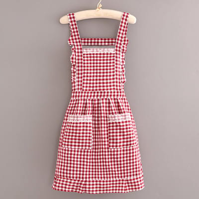 Keukenschort, katoenen patroonschort, schort met 2 zakken, keukenschort rood damesschort keuken bakschort keuken restaurant café hotel, rood, 70 ~ 77 cm