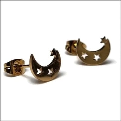 Aramat Jewels | Oorbellen | RVS Oorbellen Maan en Ster 10mm - Celestial Oorstekers | maan met sterren-Goudkleur-10mm | |9mm | Staal | Kinderen, Volwassenen | Verkleurd niet