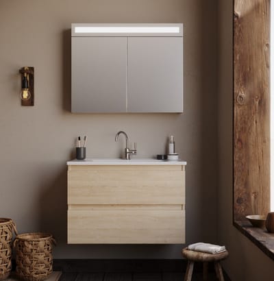 Spiegelkast / Badkamerkast Emilia - Licht Eiken - 85x68x14,5cm - LED Verlichting - Voorgemonteerd - 2 Deurs - Tuimelschakelaar