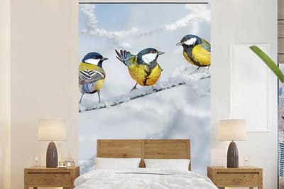 Behang - Fotobehang Vogel - Koolmees - Winter - Sneeuw - Takken - Breedte 160 cm x hoogte 240 cm