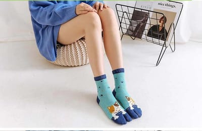 Dames teensokken - toe socks - teen sokken - blauw - leuke print kat - maat 36-40 - sport - yoga - fitness - pilates - runner teen sokken - teenslipper sokken - cadeau voor haar