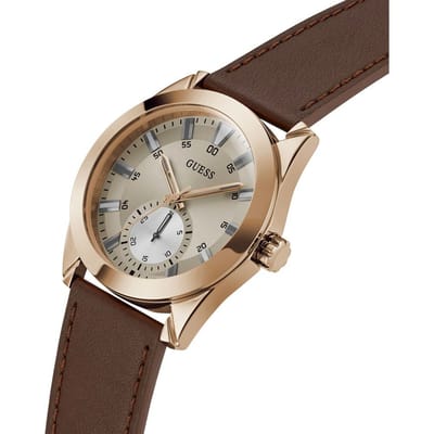 Guess Greyson Multifunctioneel Horloge Bruin Kast Gemaakt Van 100% Roestvrij Staal En Een Armband Van 100% Echt Leer 44 GW0793G1, GW0793G2, GW0793G3