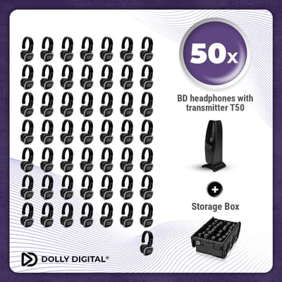 Complete Set 50x Dolly Digital© BD Draadloze Koptelefoons voor groepen + T50 Zender + 2 Professionele Storage Boxen| Silent Disco
