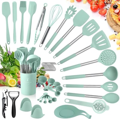 Keukengerei Set - Siliconen Keukengerei Set - Kookgerei Set met Roestvrijstalen Handvat - Kookset voor Anti-aanbakpannen voor Koken en Bakken - Makkelijk te Reinigen