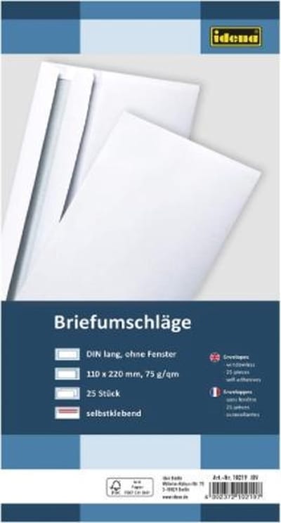 Idena 10219 - enveloppen DIN lang, 75 g/m², zelfklevend, zonder venster FSC-mix, wit, 25 stuks
