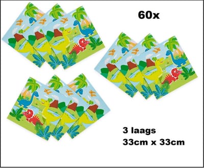 60x Servetten Dinosaurus 33cm x 33cm - 3 laags - Themafeest party Dino