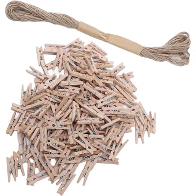 201 STUKS Set Decoratieve Houten Knijpers Klein Formaat Multifunctionele Foto Papier Wasknijpers met Touw beige