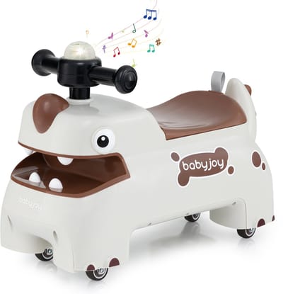 COSTWAY Glijauto, glijvoertuig met opbergruimte onder de zitting, dinosaurus, schuifvoertuig met verlichting, muziek en claxon, voor kinderen vanaf 1 jaar (wit)
