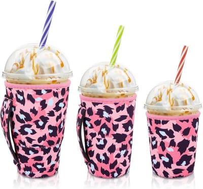 Ijskoffie Sleeve - Koude Drank Houder - Dranken Koel Houden - Handig Handvat Ontwerp - 3 Stuks 16-32oz - Roze Luipaard