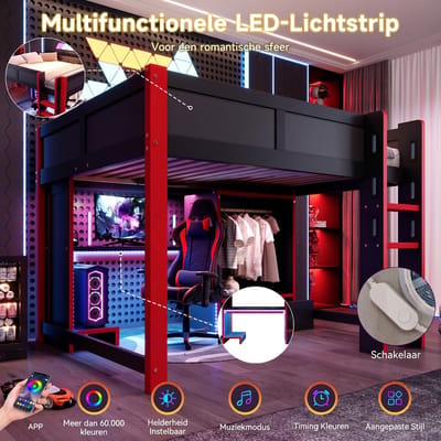 VVBV Gaming Hoogslaper 140x200 cm met LED-Verlichting, Bureau - Kledingkast, Trap/Ladder - Zwart/Rood - Zonder Matras