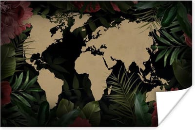 Poster 30x20 cm - Wereldkaart - Bloemen - Tropische Planten - Posters - Kamer decoratie - Wanddecoratie woonkamer - Muurdecoratie slaapkamer