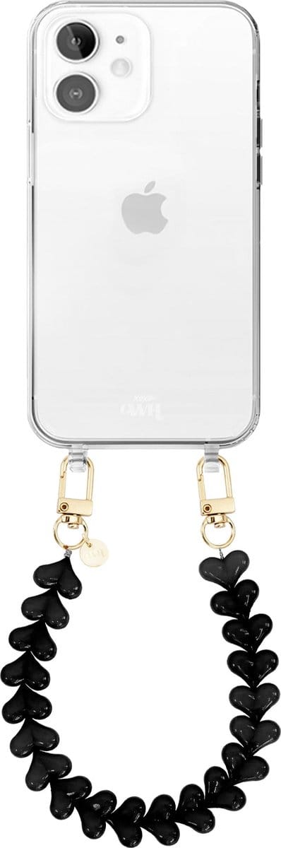 xoxo Wildhearts siliconen hoesje - Geschikt voor iPhone 12 hoesje - Funky Hearts - Telefoonhoesje - Hoesje met koord - Zwart koord - kort telefoonkoord - Hartjes ketting - Transparant hoesje