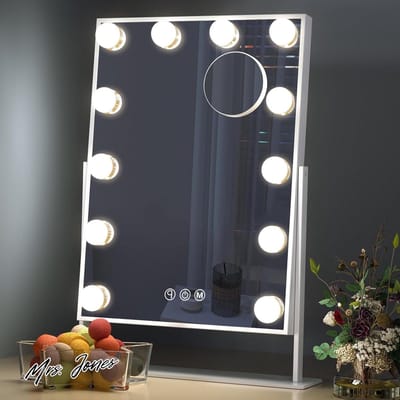 Mrs. Jones Hollywood Spiegel met 12 led-lampen & 3 kleuren licht 360 graden rotatie grote verlichte make-upspiegel voor kleedkamer en slaapkamer - Hansong Make up Spiegel met Verlichting .