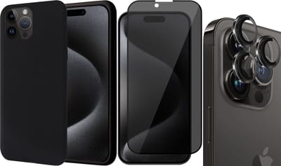 Hoesje geschikt voor iPhone 15 Pro - Privacy Screenprotector FullGuard & Camera Lens Screen Protector Zwart - Back Cover Case SoftTouch Zwart